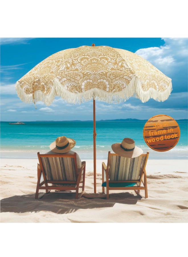 مظلة شاطئية بتفاصيل شرّابة بتصميم طابع خشبي لون بني وأبيض بطول 2 مترBU2127 - Image 2